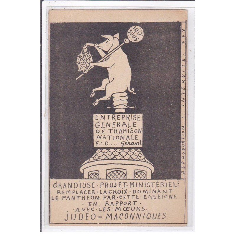 JUDAICA : (carte postale antisémite) cochon - franc maçonnerie - bon état