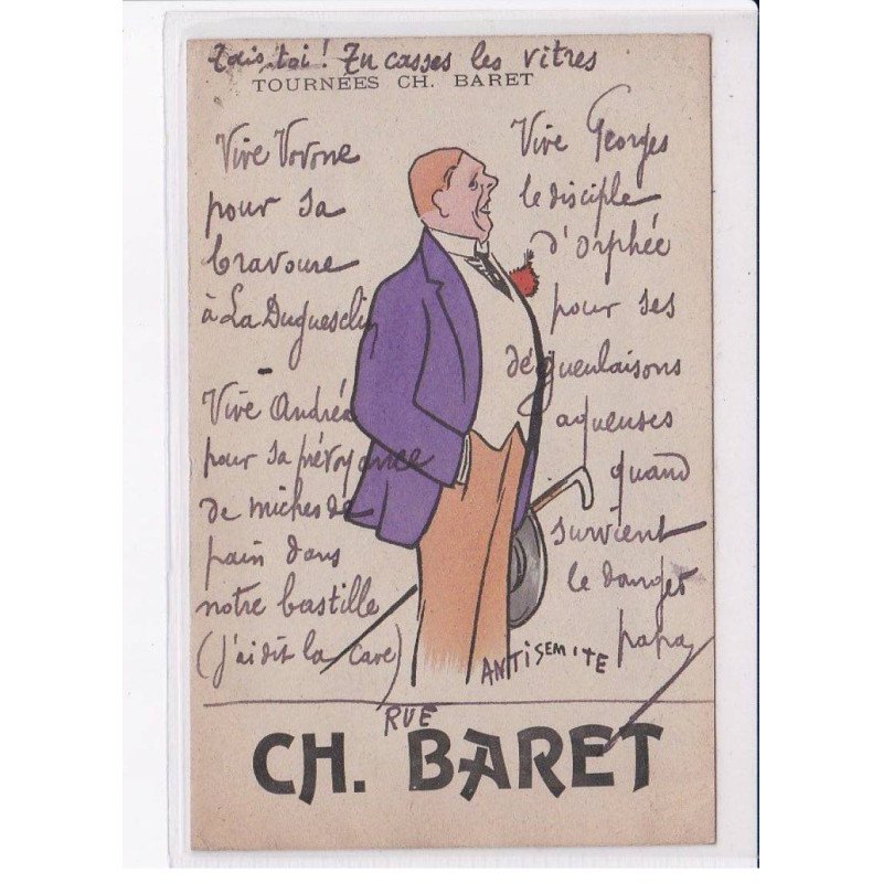 JUDAICA / ANTISEMITISME : texte antisémite (illustré par SEM- le texte concerne un acteur de la tournée Baret - bon état