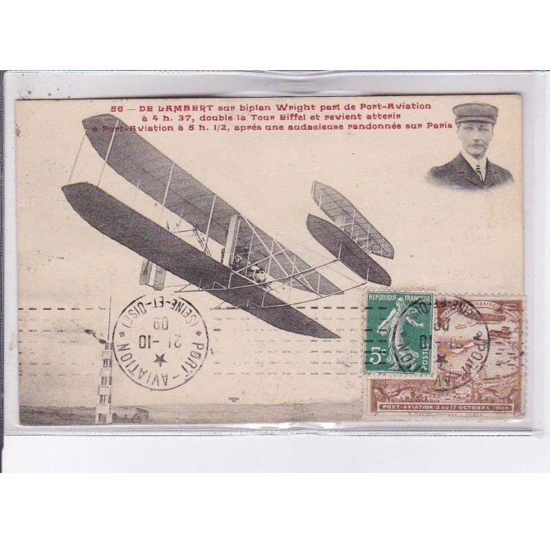 PORT-AVIATION: De Lambert sur biplan wright - CPA philatélie - très bon état