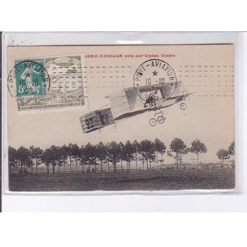 PORT-AVIATION: Varilla vole sur son biplan voisin - CPA philatélie - très bon état