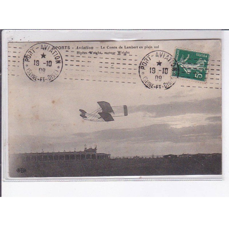 PORT-AVIATION: comte de Lambert en plein vole, biplan wright - CPA philatélie - très bon état