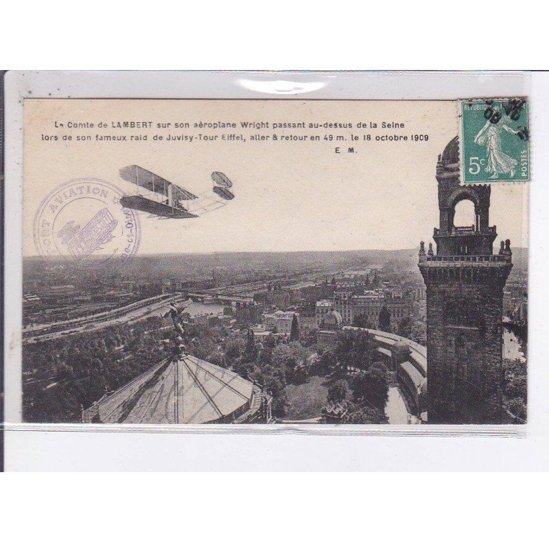 PORT-AVIATION: comte de Lambert ur aéroplane Wright passant au-dessus de la seine - CPA philatélie - état