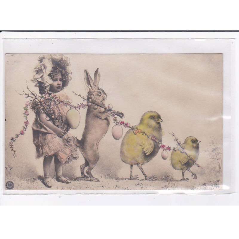 SURREALISME PHOTOMONTAGE: enfant et animaux (Paques - poussin - lapin) - très bon état