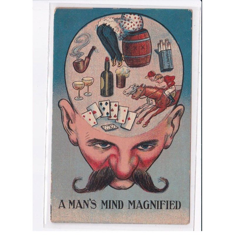 SURREALISME PHOTOMONTAGE : le cerveau de l'homme aux rayon X (alcool - tabac - jeux - femmes)- très bon état