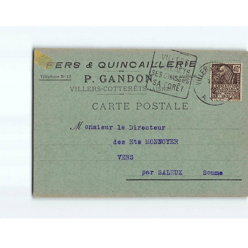 VILLERS COTTERETS : Lettre de commande, Fers & Quincailleries P. Gandon - état VILLERS COTTERETS : Lettre de commande, Fers & Quincailleries P. Gandon - état