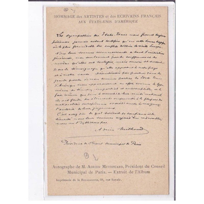 PARIS: hommage des artistes et ecrivains français aux états-unis d'amérique, autographe Adrien Mithouard - très bon état