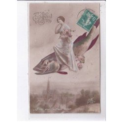 FANTAISIE - 1er avril - surréalisme: femme sur un poisson, avec mon meilleur baiser - très bon état