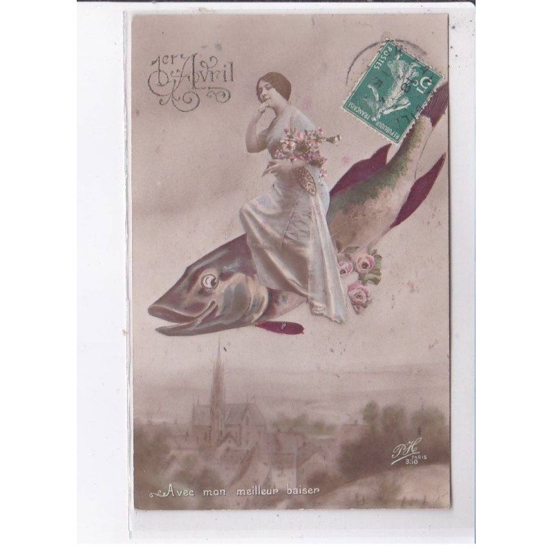 FANTAISIE - 1er avril - surréalisme: femme sur un poisson, avec mon meilleur baiser - très bon état
