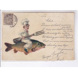 FANTAISIE - 1er avril - surréalisme: petit cuisinier sur poisson - très bon état