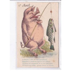 FANTAISIE - 1er avril - surréalisme: cochon qui pêche 2CPA - très bon état