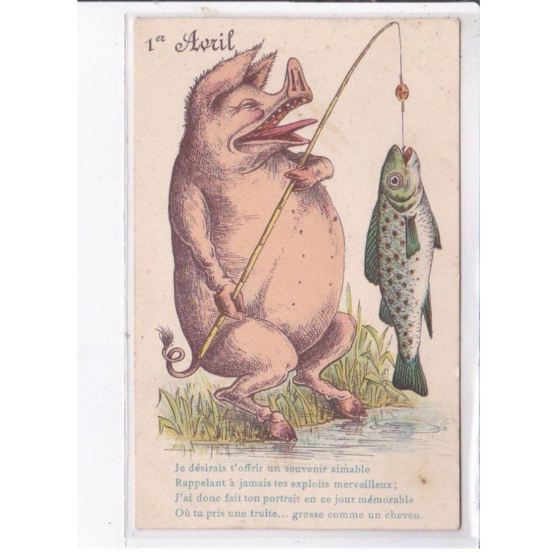 FANTAISIE - 1er avril - surréalisme: cochon qui pêche 2CPA - très bon état