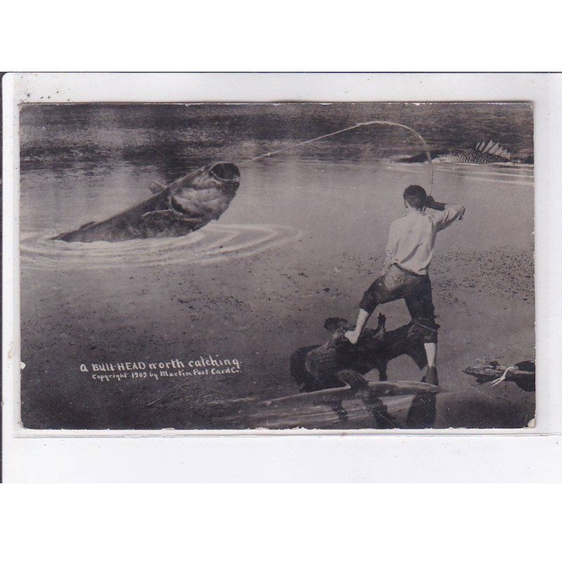 SURREALISME: photo montage, pêche, a bull-head, north catching - très bon état