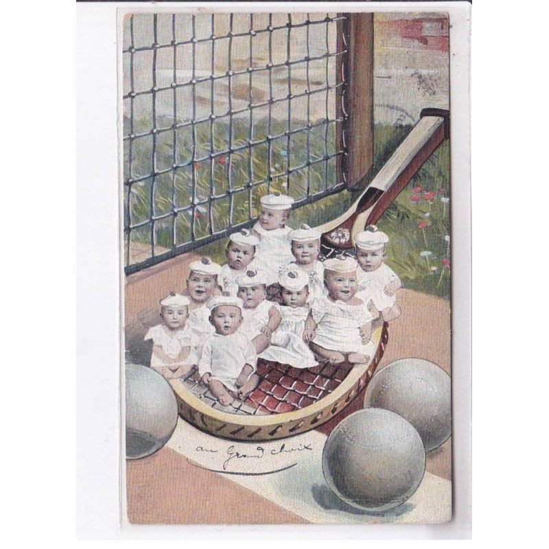 SURREALISME: photo montage, bébés sur raquette de tennis - très bon état