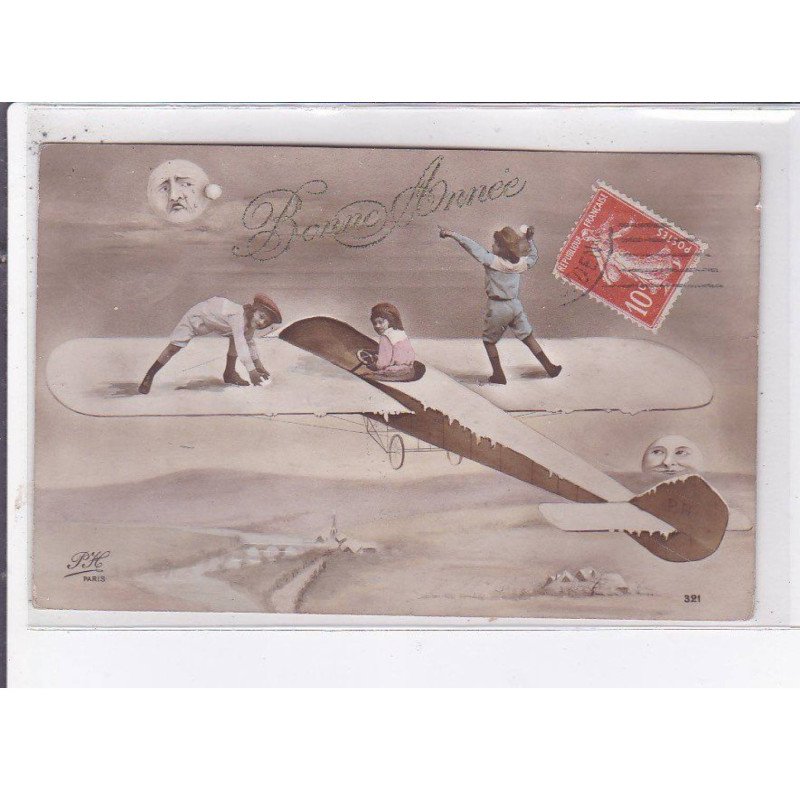 SURREALISME: photo montage, aviation, bonne année, neige - très bon état