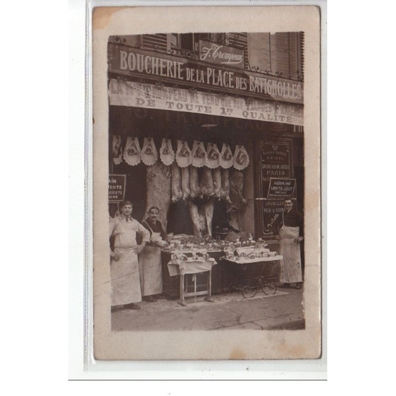 PARIS : carte photo de la boucherie de la place des Batignolles """"Trompeau"""" - bon état PARIS : carte photo de la boucherie de la place des Batignolles """"Trompeau"""" - bon état