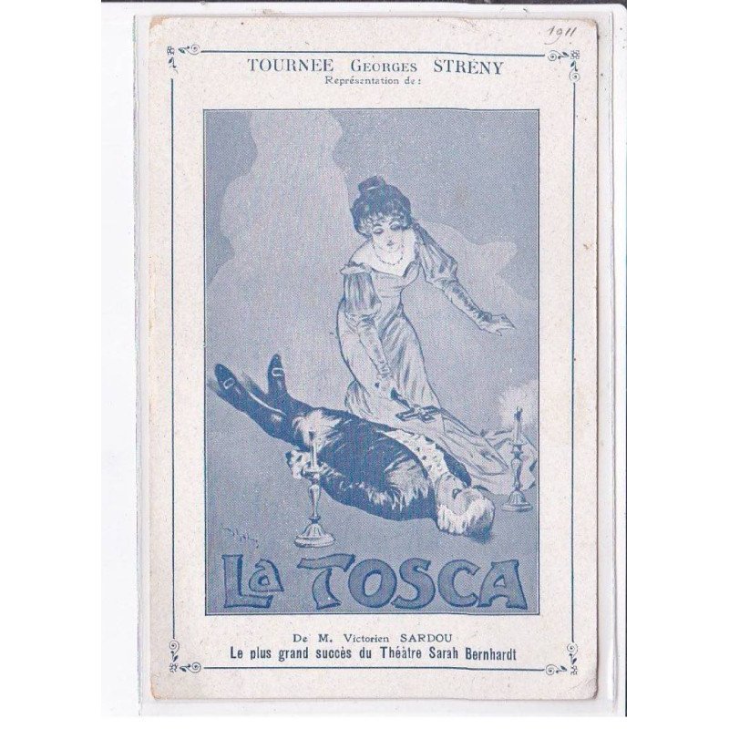 PUBLICITE: la tosca, tournée georges streny, homme allongé et femme avec crucifix - très bon état
