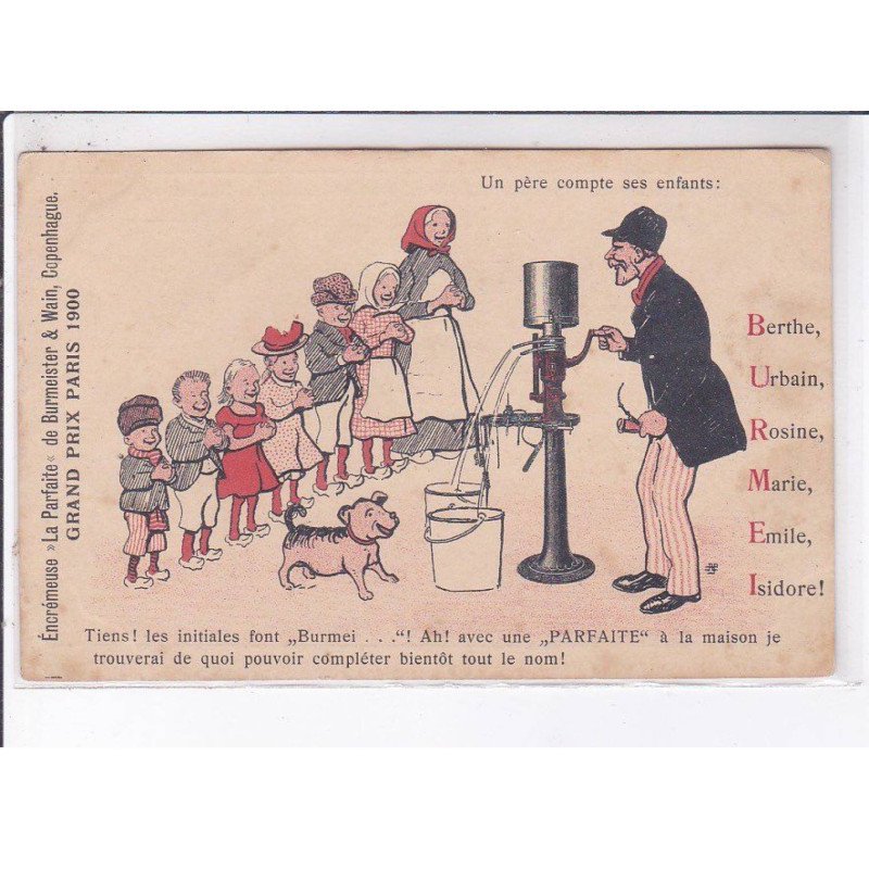 PUBLICITE: encrémeuse "la parfaite" de burmeister et wain, grand prix paris 1900 père compte ses enfants - très bon état