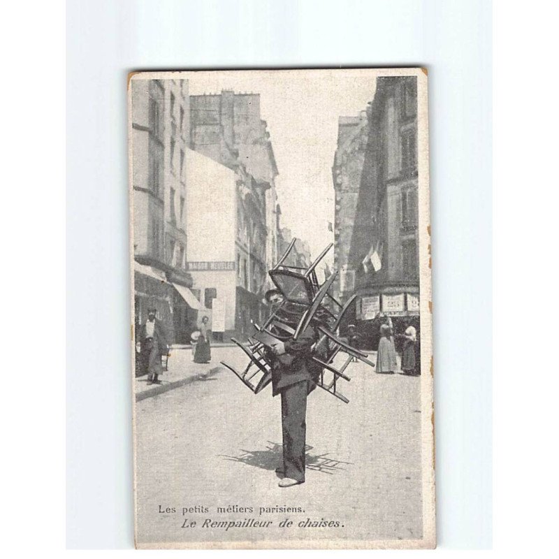 PARIS : Les Petits métiers, Le Rempailleur de chaises, Carte publicitaire, Chocolat Perron - état PARIS : Les Petits métiers, Le Rempailleur de chaises, Carte publicitaire, Chocolat Perron - état
