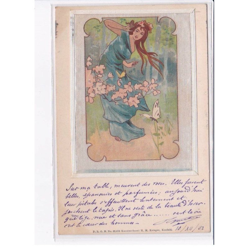 ILLUSTRATEURS Art Nouveau : carte sur soie "femme et papillon"- très bon état