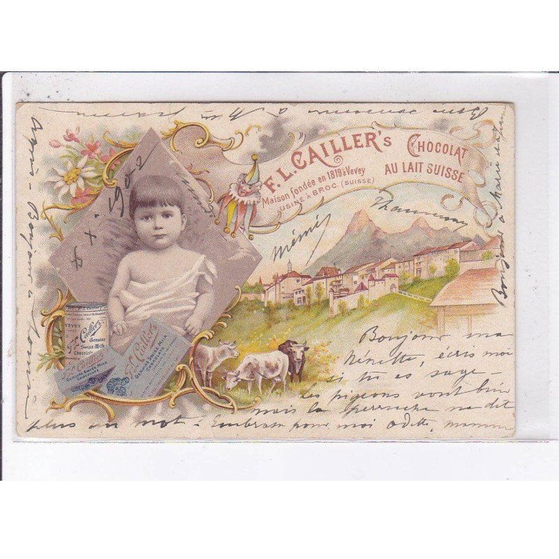PUBLICITE: F.L. cailler's chocolat au lait suisse, maison fondée en 1819 à vevey, usine à broc - très bon état