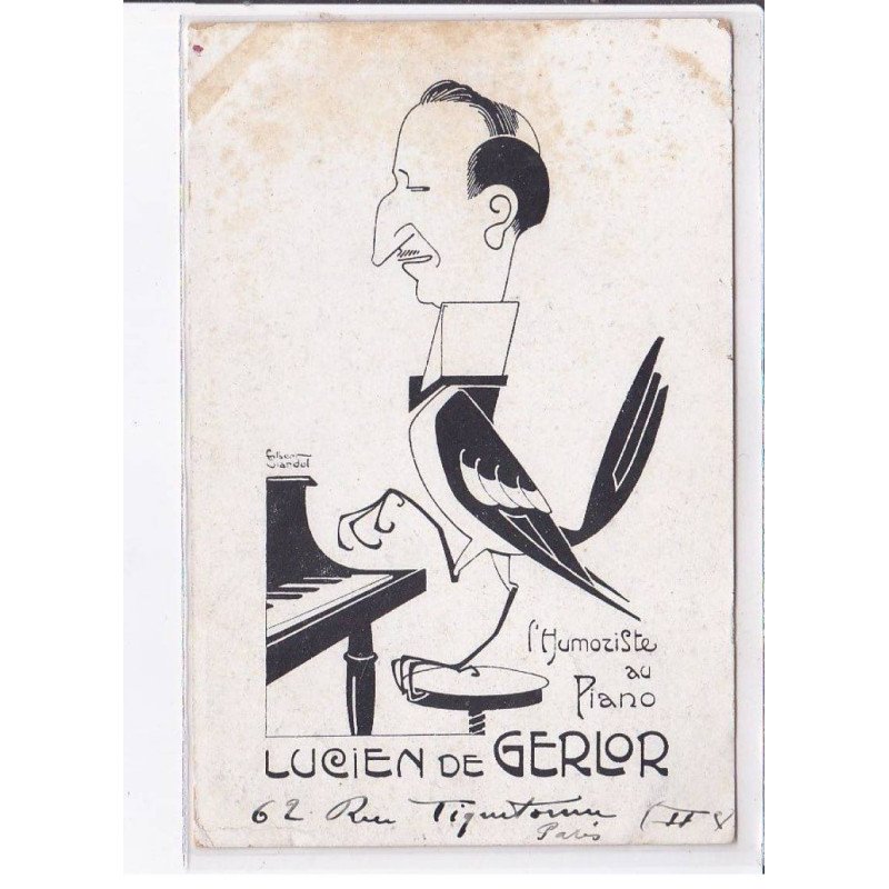 PUBLICITE: humoriste au piano, lucien de gerlor, surréalisme, oiseau à tête d'homme, pianiste - état