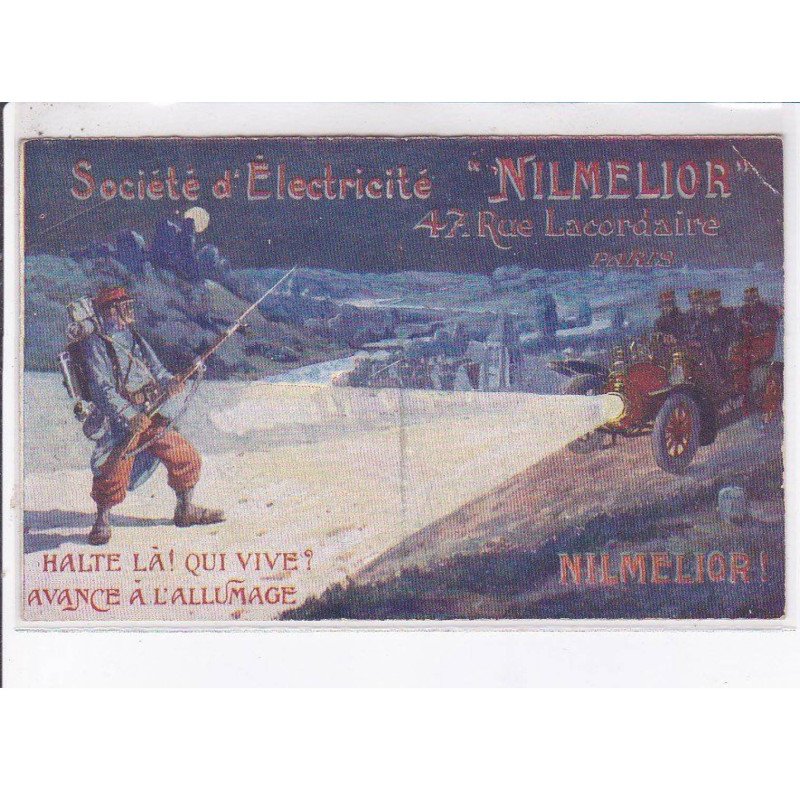 PUBLICITE: société d'électricité "nimelior", militaires, voiture - état