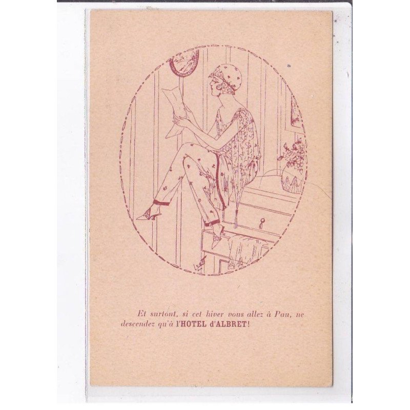 PUBLICITE: hôtel d'albret, femme assise sur une commode - très bon état