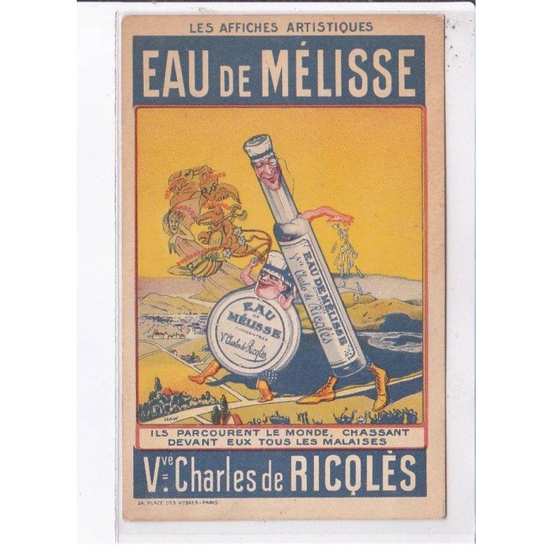 PUBLICITE: surréalisme, affiches artistique, eau de mélisse, Vve Charles de Ricoles - très bon état