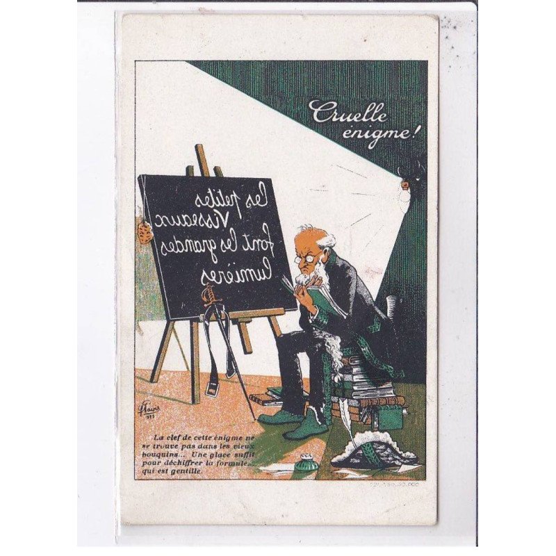 PUBLICITE: cruelle énigme, personnage lisant, sabre, chapeau - très bon état