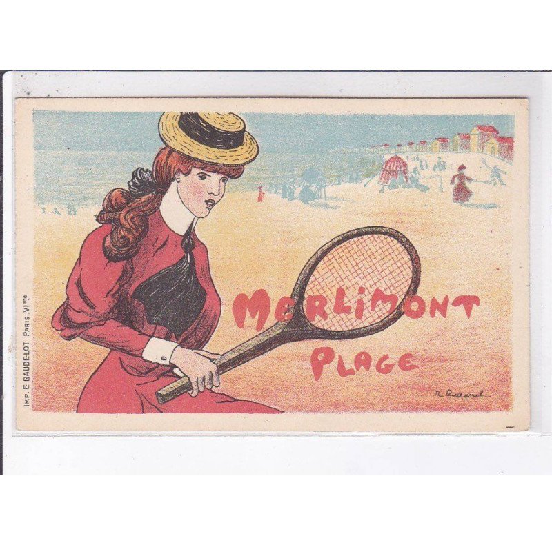 PUBLICITE: merlimont plage, femme jouant au tennis - très bon état