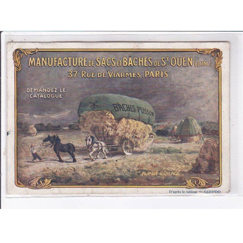 PUBLICITE: manufacture de sacs et bâches de saint-ouen, demandez le catalogue, attelage - état
