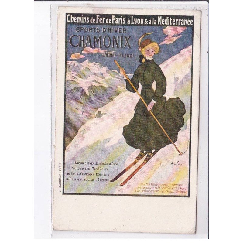 PUBLICITE: Abel Faivre, chemin de fer de paris à lyon, sports d'hiver, chamonix, skieuse - très bon état - très bon état