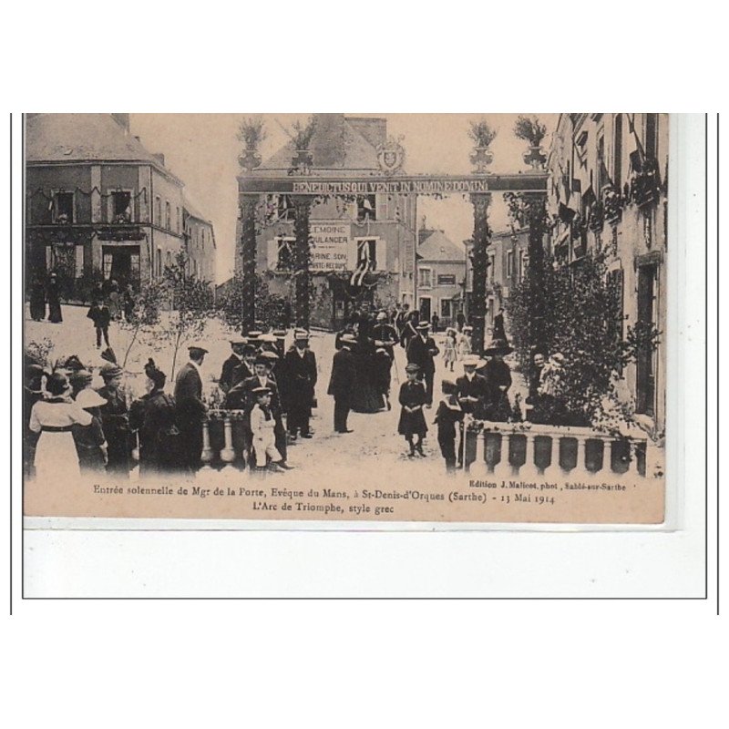 SAINT DENIS-D'ORQUES - Entrée solennelle de Mgr de la Porte, évêque du Mans 1914 - Arc de Triomphe - très bon état