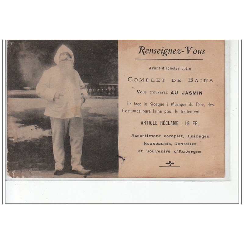 PUY DE DOME - A situer - Complet de bains chez """"Au jasmin"""" - Souvenirs d'Auvergne - très bon état