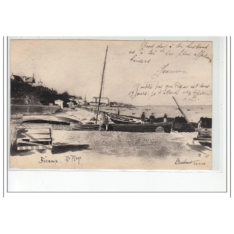 FECAMP - La plage - Carte dessinée à la main - très bon état