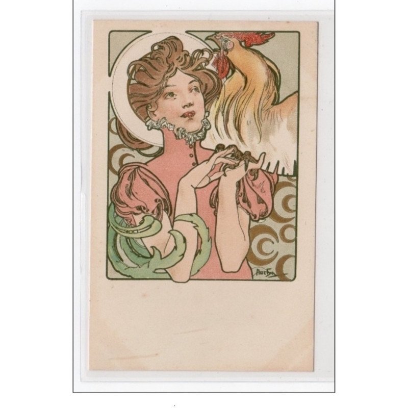 MUCHA Alfons : "femme au coq" vers 1900 - bon état (défauts)