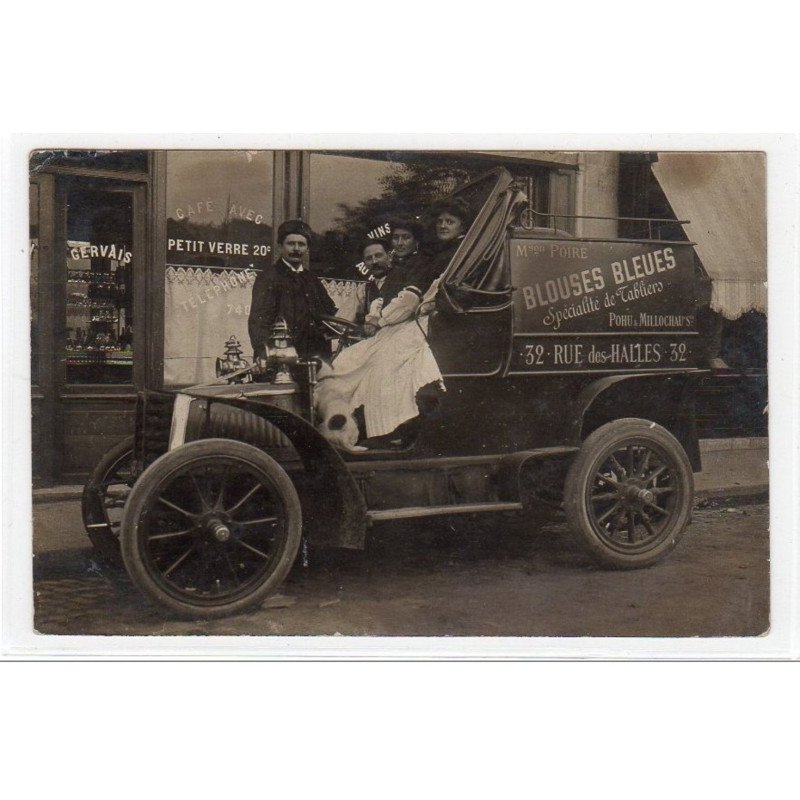 PARIS : carte photo du café Gervais et de la voiture de livraison de la maison Poiré """"Blouse Bleues""""(tabliers) ver