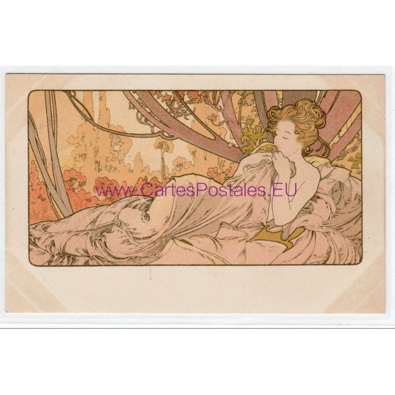 MUCHA Alfons : carte postale ancienne "le crépuscule"- bon état (marques d'album)