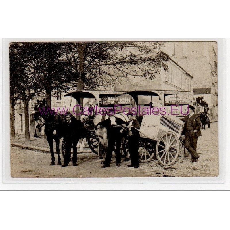 PARIS : carte photo d'attelages de livraison de la ferme Sainte Suzanne (laiterie dans le 5ème arr.) - très bon ét