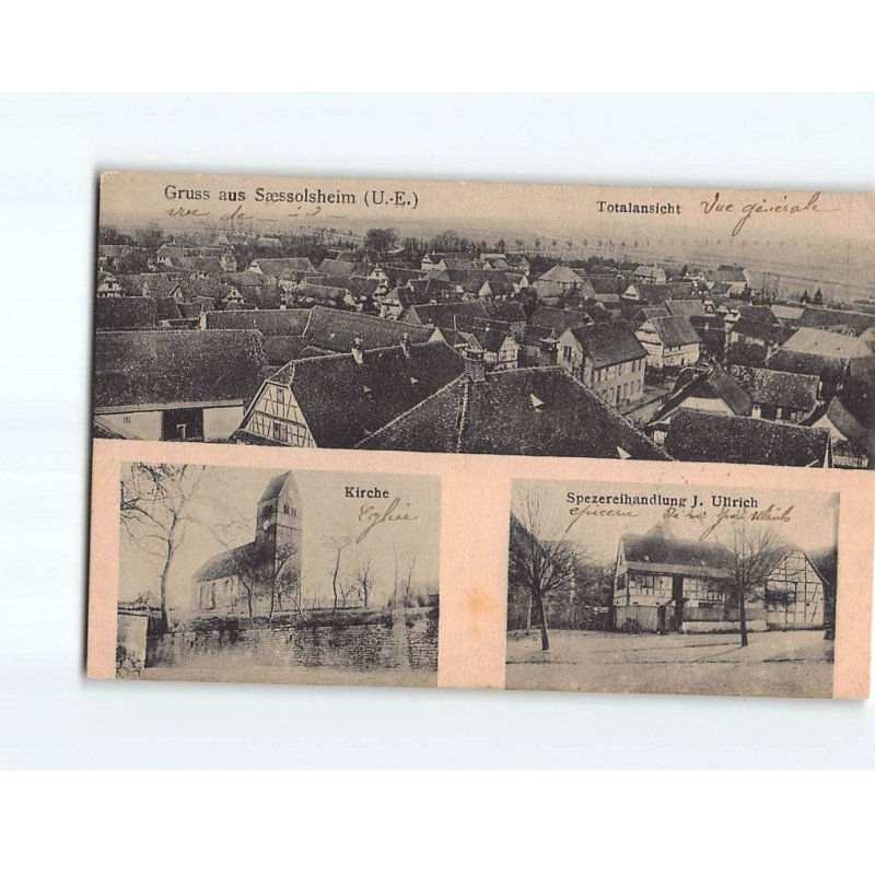 Gruss aus SAESSOLSHEIM, Totalansicht, Kirche, Spezereihandlun J. Ullrich - très bon état Gruss aus SAESSOLSHEIM, Totalansicht, Kirche, Spezereihandlun J. Ullrich - très bon état