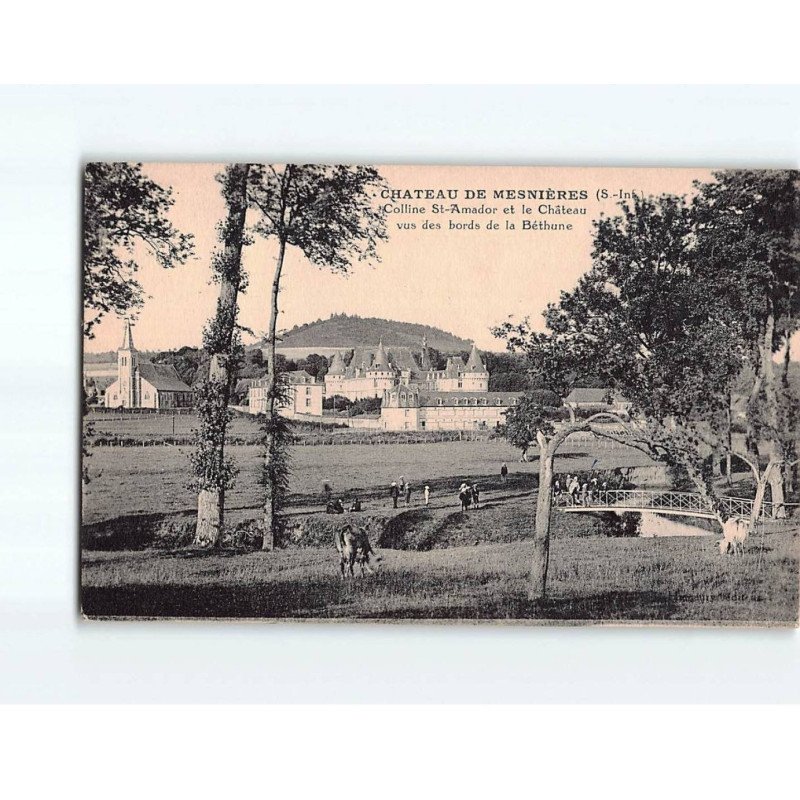 Château de MESNIERES : Colline Saint-Amador et le château, vue des bords de la Béthune - état