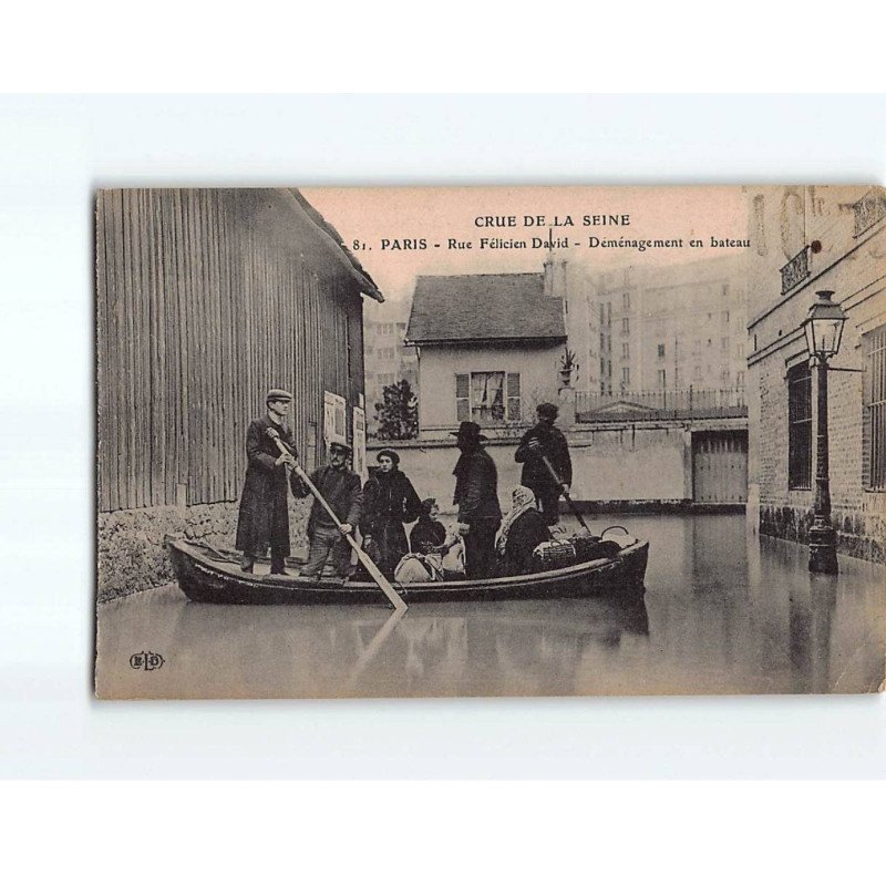 PARIS : Inondations 1910, Rue Félicien David, Déménagement en bateau - état