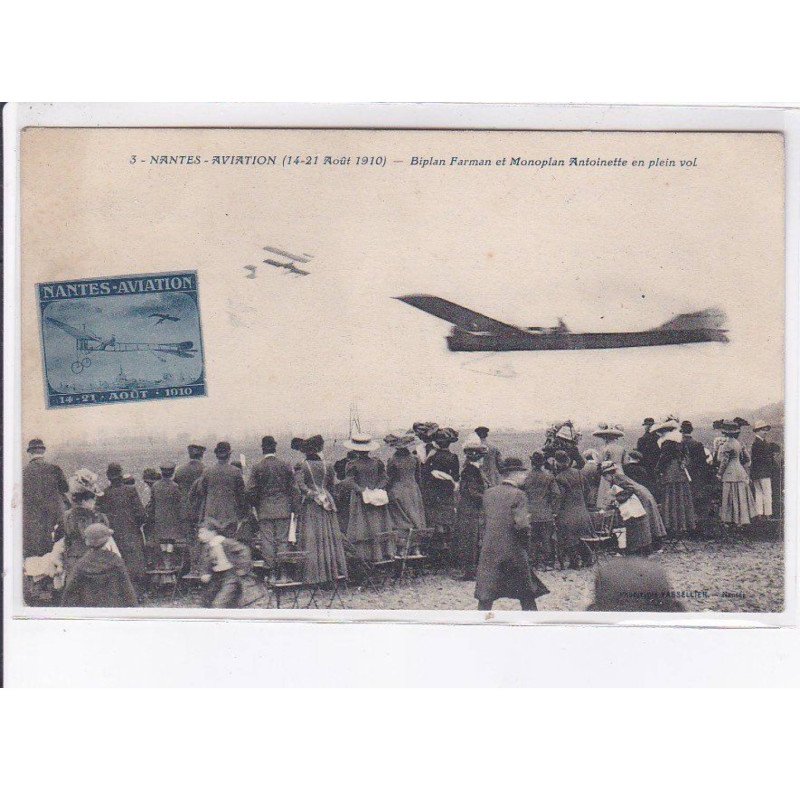 NANTES: 1910, aviation, biplan farman et monoplan antoinette en plein vol, vignette - très bon état