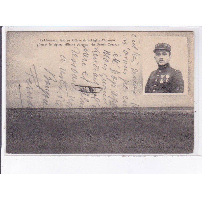 LE CROTOY: aviation, lieutenant Pèralda officier de légion d'honneur pilotant biplan militaire Picardie - très bon état
