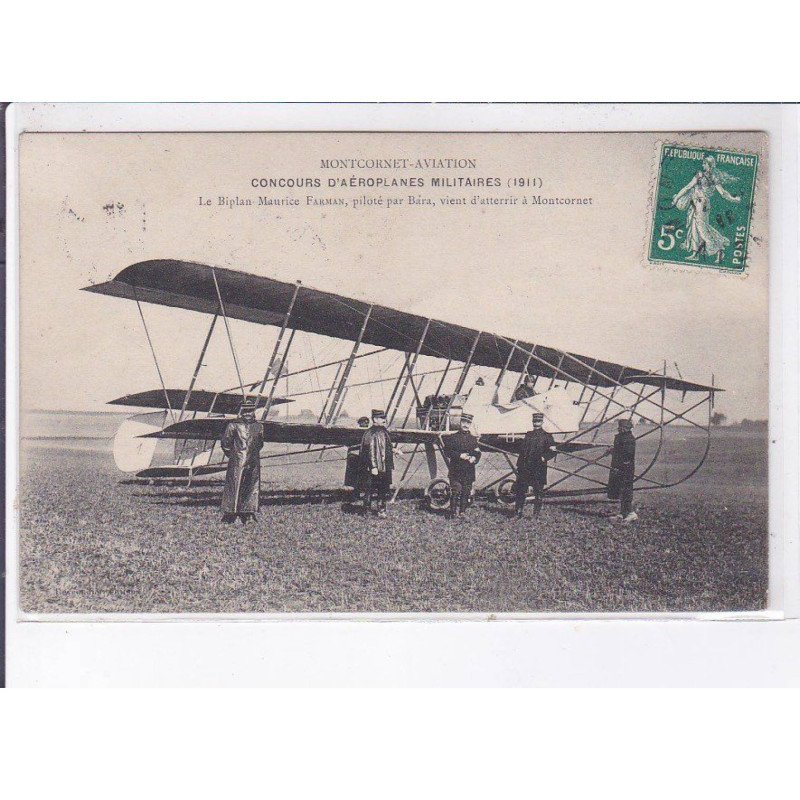 MONTCORNET: aviation, concours d'aéroplane militaires 1911 biplan maurice farman piloté par Bara - très bon état