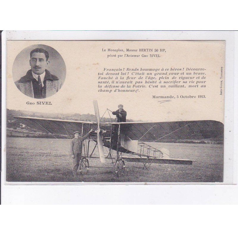 MARMANDE: aviation le monoplan moteur Bertin piloté par Geo Sivel - très bon état MARMANDE: aviation le monoplan moteur Bertin piloté par Geo Sivel - très bon état