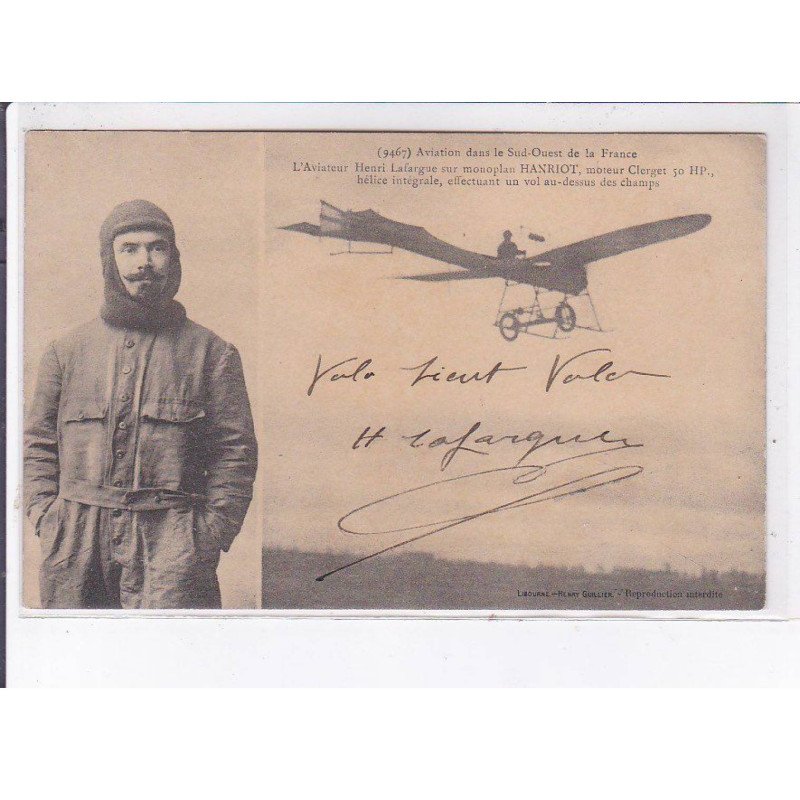 DORDOGNE: aviation, aviateur Henri Lafargue sur monoplan HANRIOT, autographe - très bon état