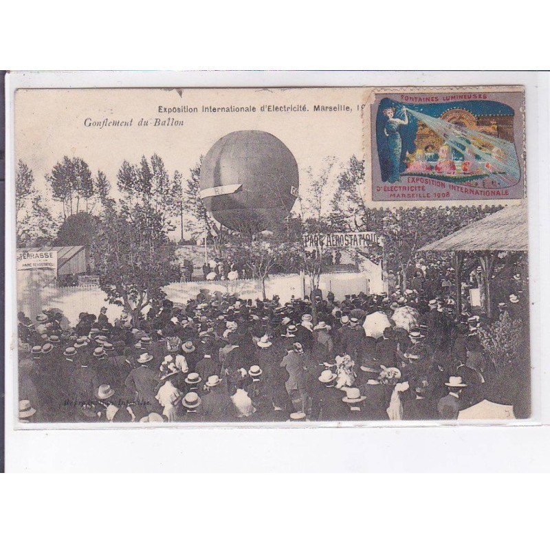 MARSEILLE: aviation, ballon rond, expo inter d'électricité 1908, gonflement du ballon, cachet - très bon état