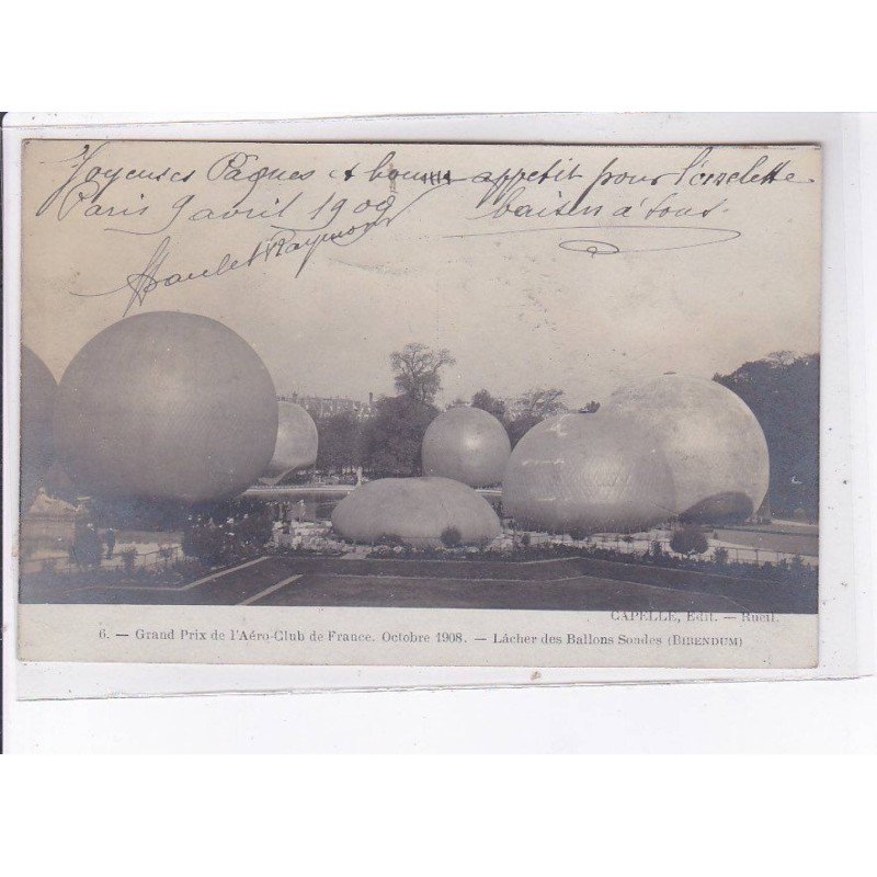 PARIS: 75001 grand prix aéro-club 1908, ballon rond, aviation, lâcher des ballons sondes, tuileries - très bon état