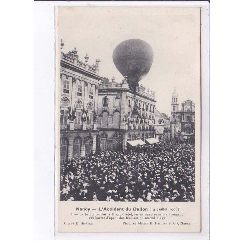 NANCY: l'accident du ballon rond 14 juillet 1908 aviation, touche le grand-hôtel 4CPA - très bon état